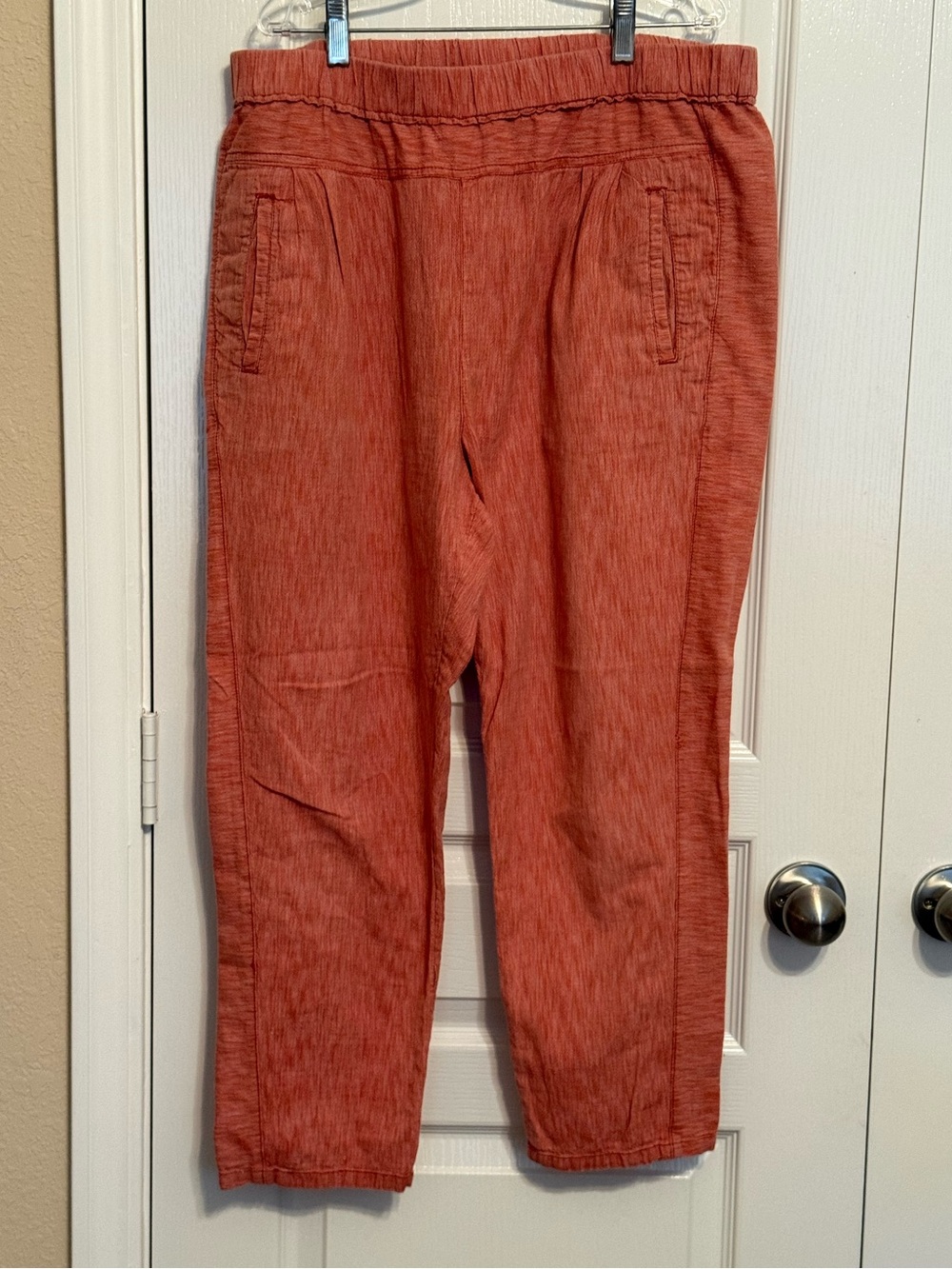 Anthropologie Linen Coral & Cream Striped Pull-on Front Pocket Pant